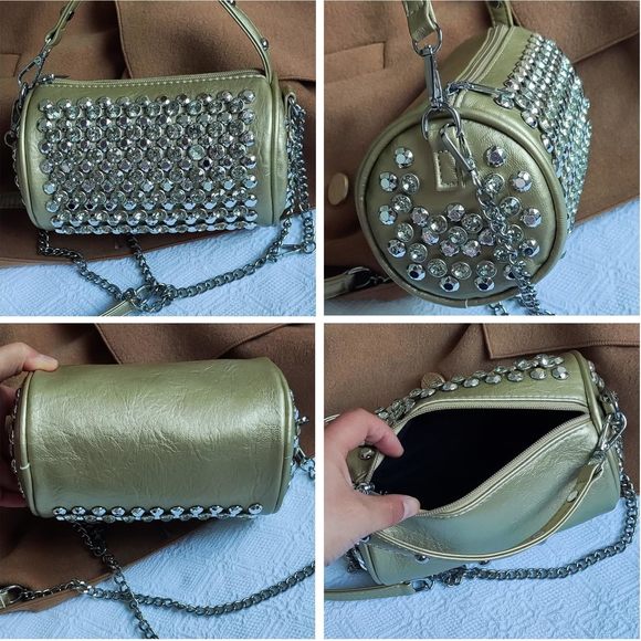 Rhinestone Cylinder Crossbody Bag Sparkling Barrel Purse Mini Tote, T_T - Picture 3 of 5